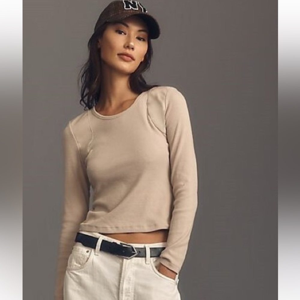 Anthropologie Maeve beige cream faux leather shoulder ribbed top size Small